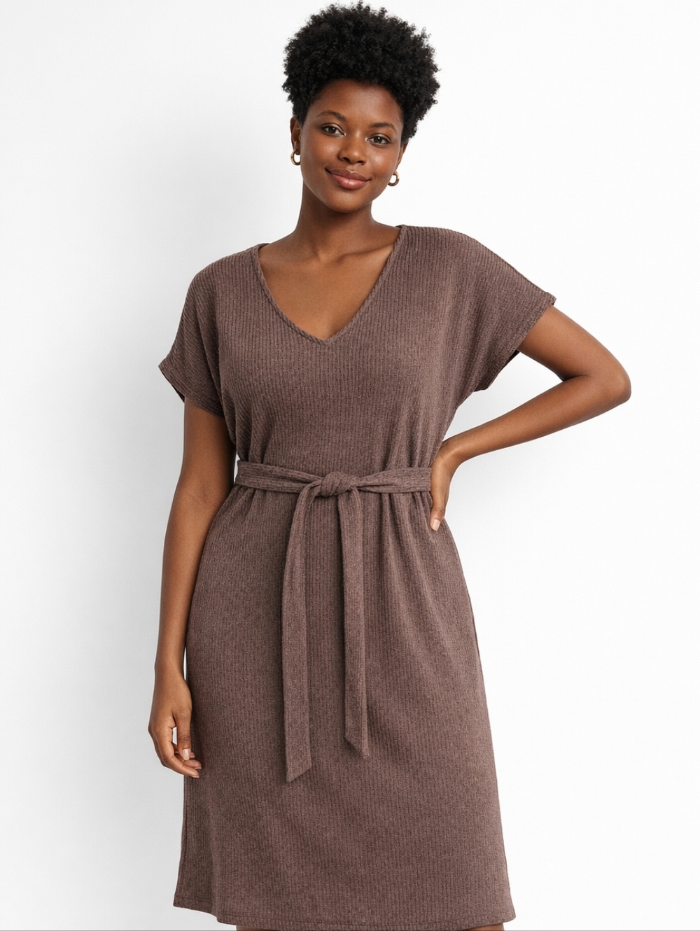 Women's Size XL Tie Belt Rib Knit Midi Shift Dress Minimalist Lagenlook Brown